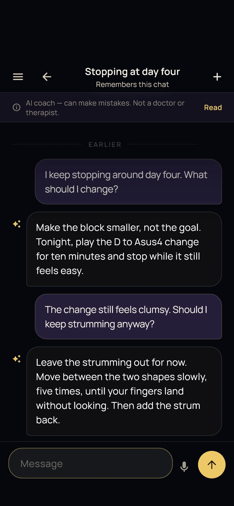 A kept conversation with the AI coach about stopping at day four: make the block smaller, practise the chord change slowly, and a rough night still counts