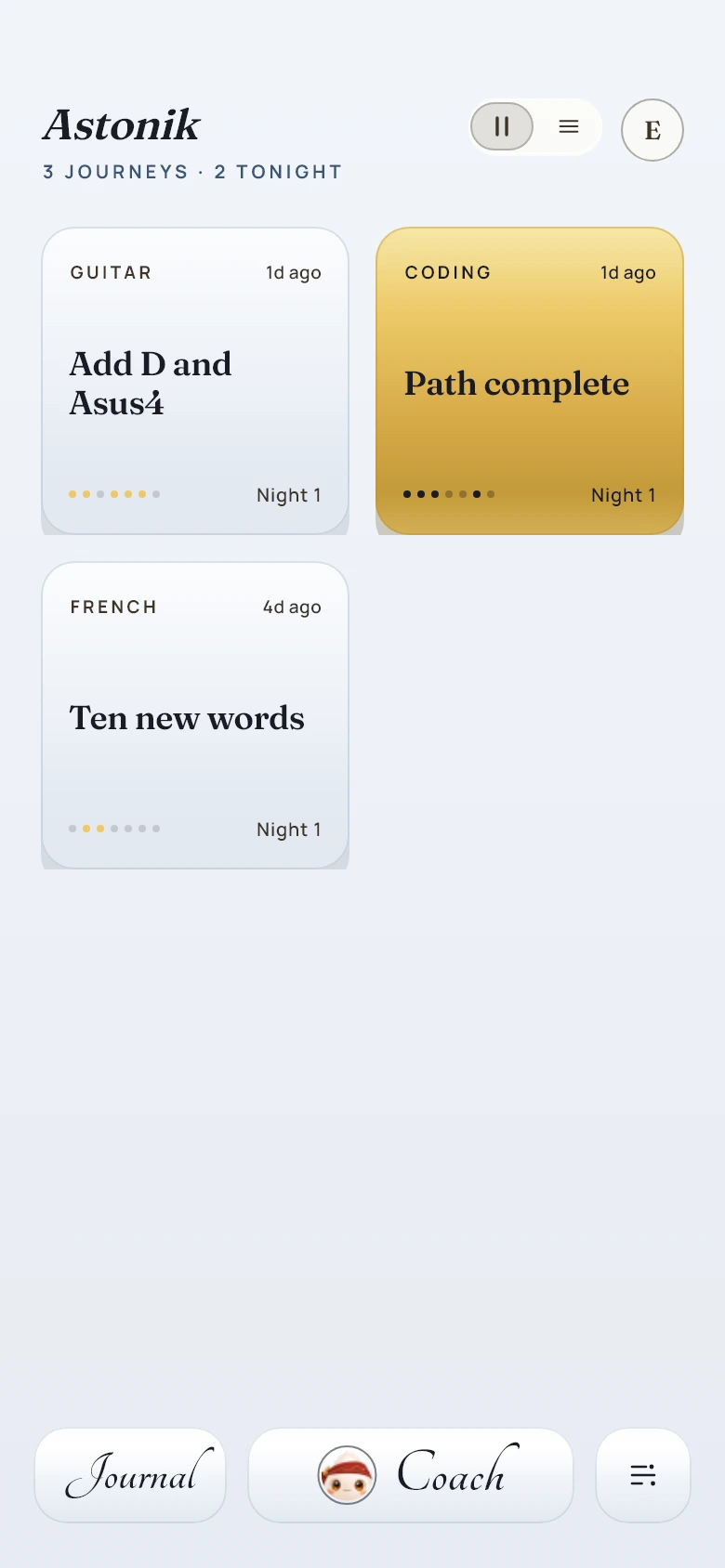 Astonik home screen with three journeys: Guitar, Coding and French