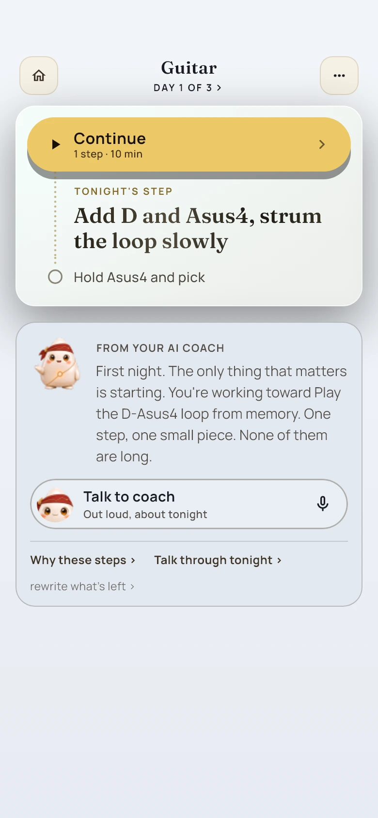 Tonight screen: one guitar step, a note from the AI coach, and a gold Continue button showing 1 step, 10 minutes